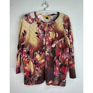 St. John Women's 3/4 Sleeve Full Zip Sweater Ribbed Floral Purple Size Medium